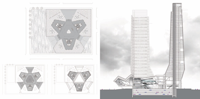 Image of multiple architectural drawings of buildings.