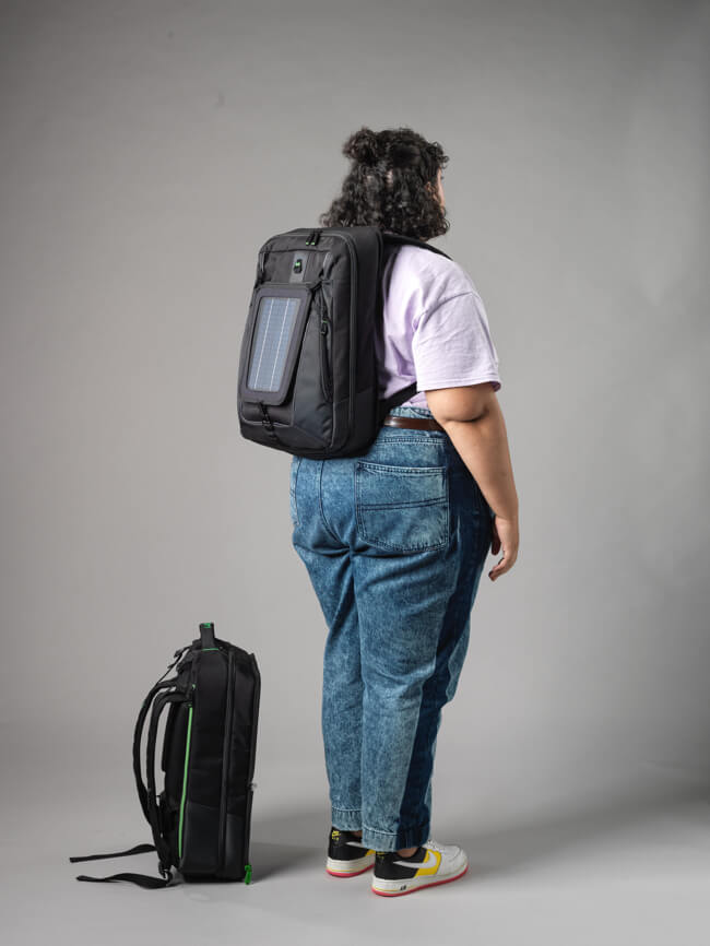 Woman wearing backpack made for healthcare workers.