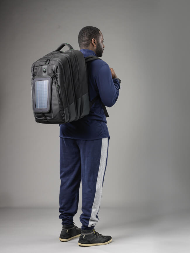 Man wearing backpack made for healthcare workers.