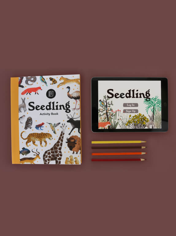 Image of an activity book called 'Seedling' and its corresponding mobile application, created by Abbey Pitzer